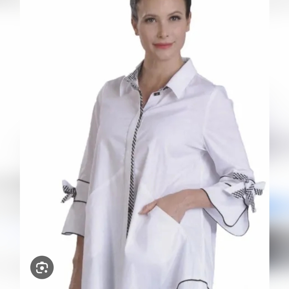 NWT IC by Connie K White Button Down A-line Tunic Top 1X Gingham Trim Bow Cuffs